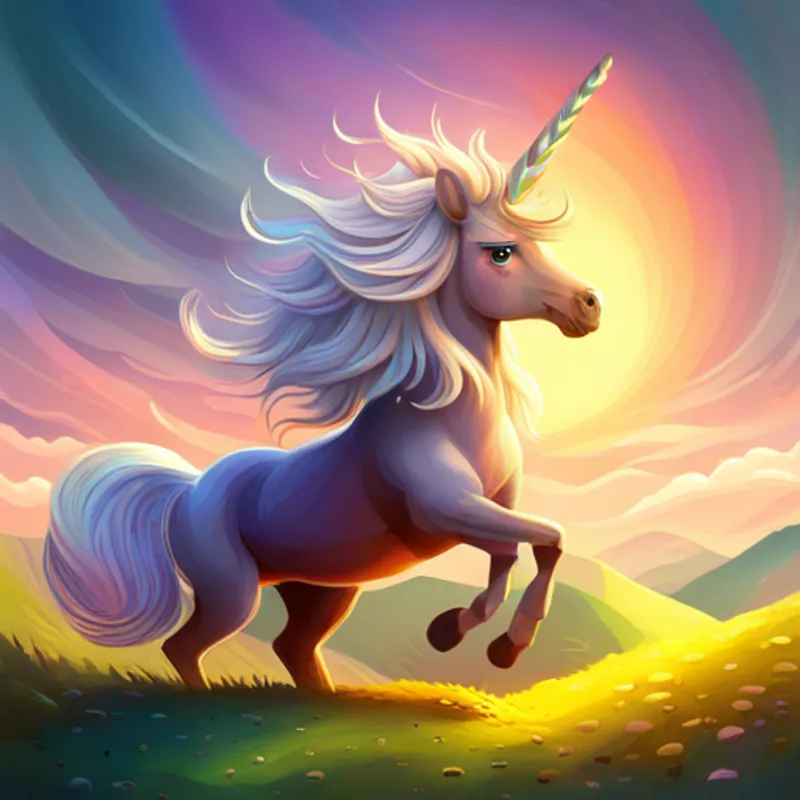 Cute unicorn with golden horn and flowing rainbow mane. facing obstacles with a determined expression