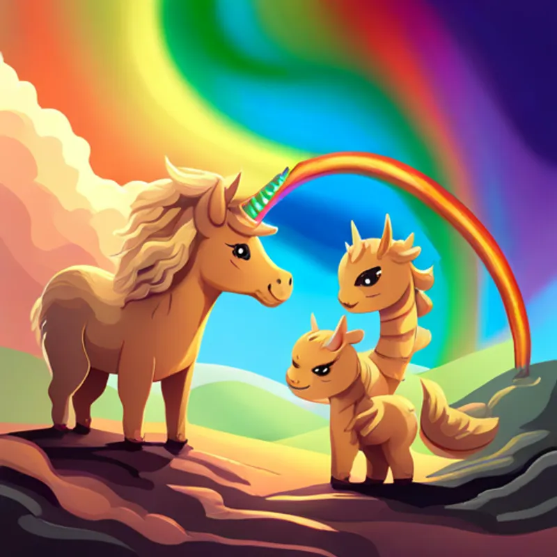 Cute unicorn with golden horn and flowing rainbow mane. and the baby dragon happily reunited with their families