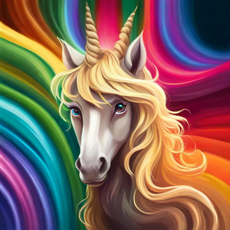 Cute unicorn with golden horn and flowing rainbow mane. smiling, surrounded by friends and family