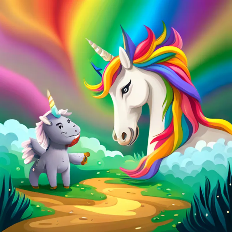 Cute unicorn with golden horn and flowing rainbow mane. and the baby dragon playing and laughing together