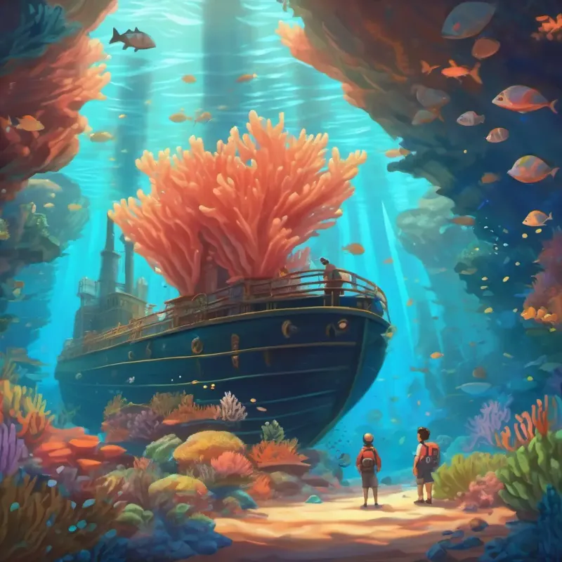 Coral and Fin under a human ship, observing it curiously.