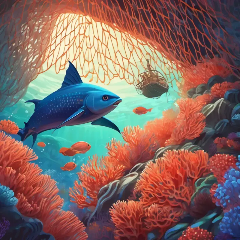 Coral and Fin narrowly avoiding a dangerous fishing net.