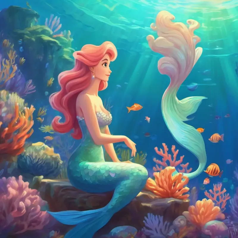 Elder mermaid, Marina, advising Coral on the wonders of the sea.