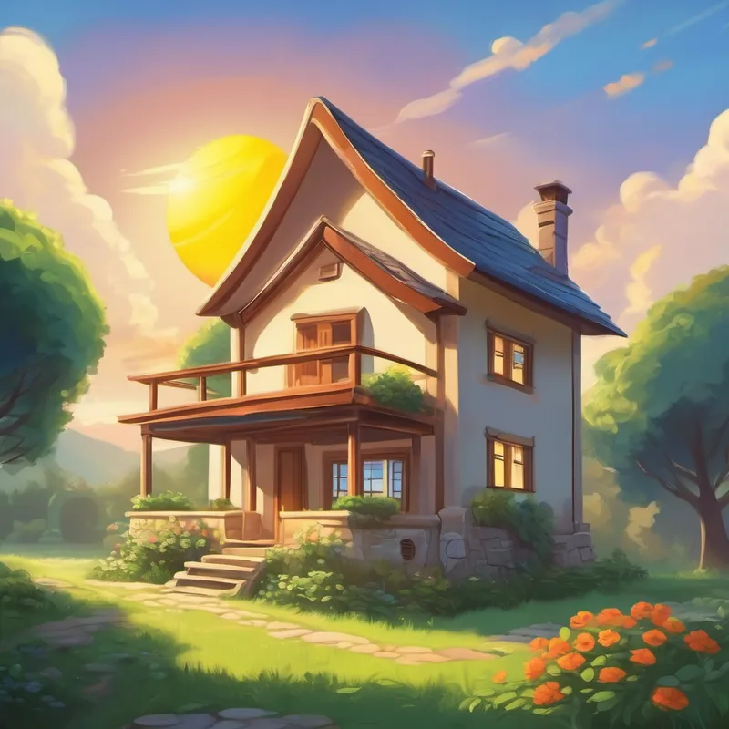 A cute little house with a smiling sun outside