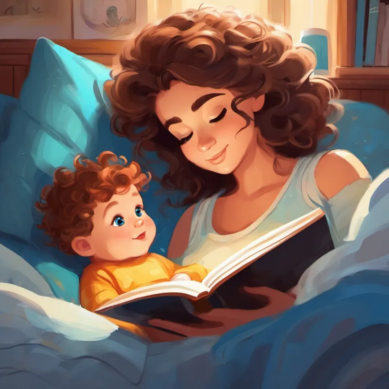 Mommy reading a book to A cute baby boy with bright blue eyes and a curly tuft of hair. in their comfy bed