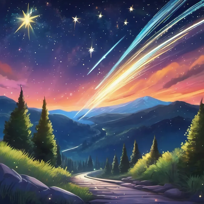 A shooting star with a sparkling trail across the sky