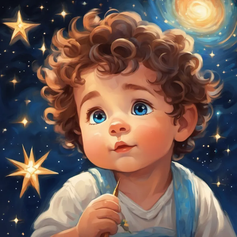 A cute baby boy with bright blue eyes and a curly tuft of hair. with closed eyes, making a wish on a star