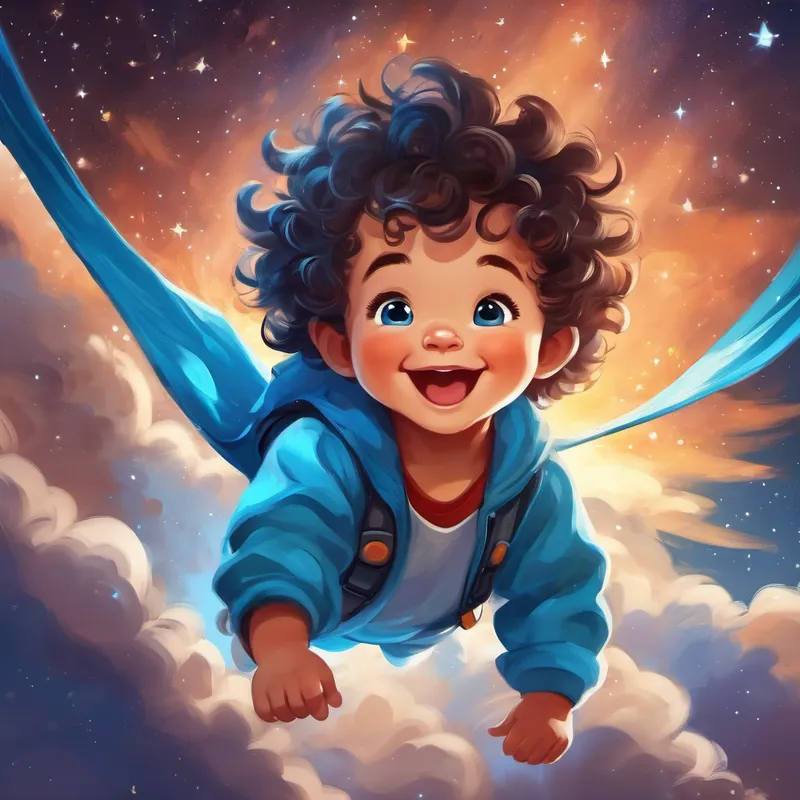 A cute baby boy with bright blue eyes and a curly tuft of hair. flying among the stars, smiling and laughing