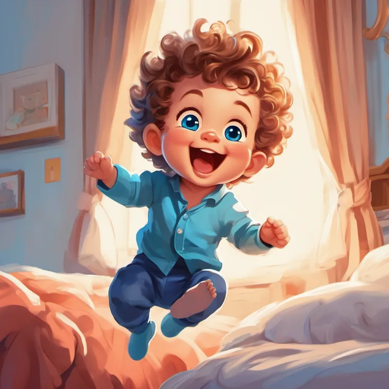 A cute baby boy with bright blue eyes and a curly tuft of hair. jumping out of bed with a big smile