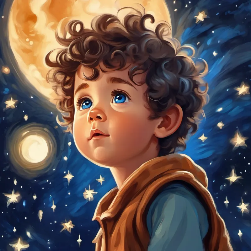 A cute baby boy with bright blue eyes and a curly tuft of hair. gazing at the stars with wonder and hope