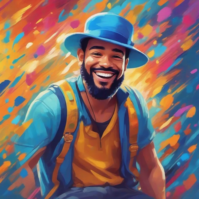 Benji: Wearing a blue hat with a big smile on his face wearing a blue hat, surrounded by vibrant colors