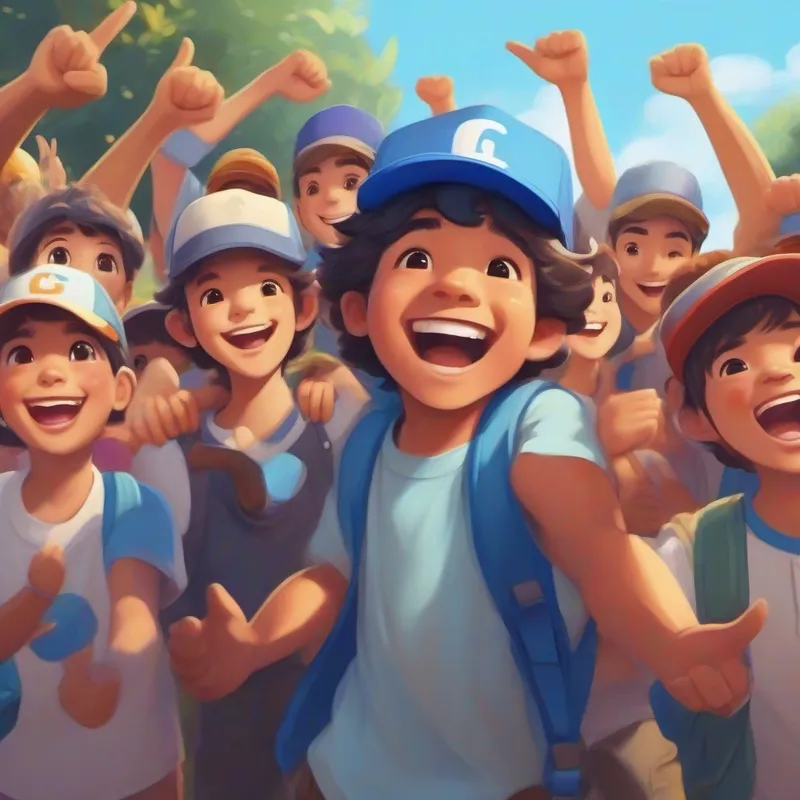 Benji: Wearing a blue hat with a big smile on his face cheering for his diverse group of friends