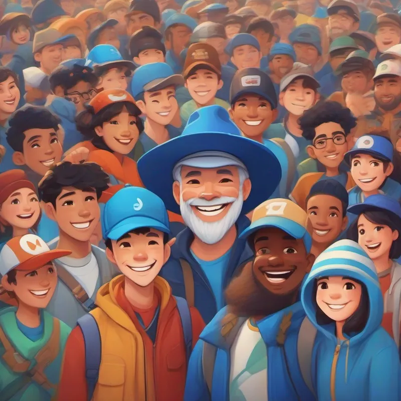 Benji: Wearing a blue hat with a big smile on his face surrounded by a diverse group of friends and community