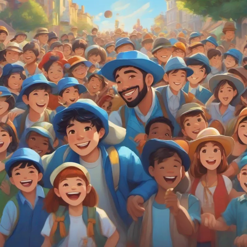 Benji: Wearing a blue hat with a big smile on his face and the people of Harmonia celebrating diversity