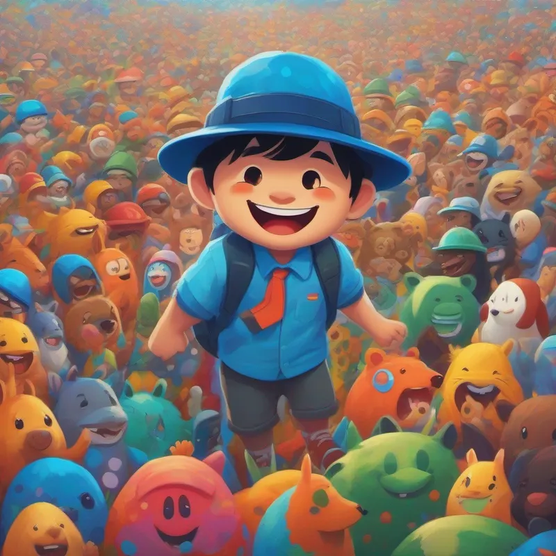 Benji: Wearing a blue hat with a big smile on his face surrounded by a colorful world of inclusivity