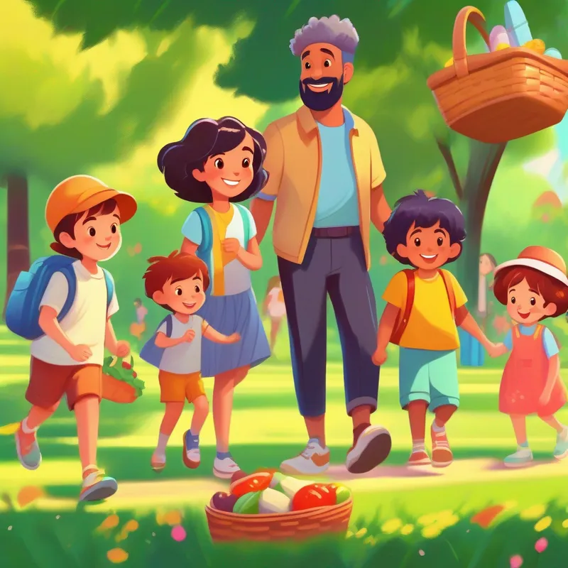 Vibrant picture of a A happy and diverse family, with different hair colors and clothes. going on a picnic in a park.