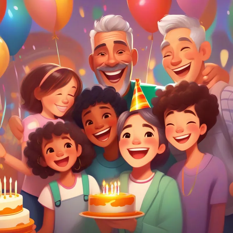 Joyful picture of a A happy and diverse family, with different hair colors and clothes. celebrating a birthday with a cake.