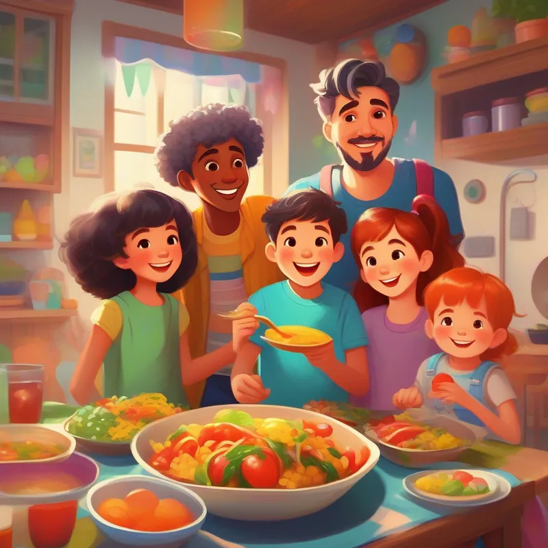 Colorful Realistic picture of a A happy and diverse family, with different hair colors and clothes. eating and playing together.