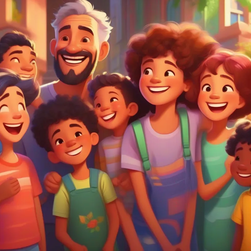 Realistic Bright picture of A happy and diverse family, with different hair colors and clothes. members talking and laughing together.