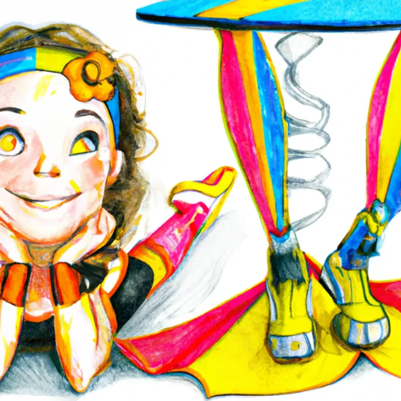 A spirited girl in a Wonder Woman cape, with a bright smile looking at the colorful gymnastics equipment with wide eyes