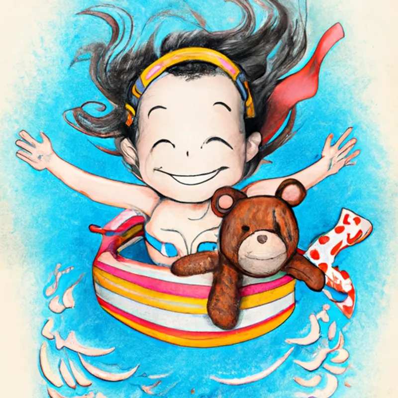 A spirited girl in a Wonder Woman cape, with a bright smile swimming in her tiny baby pool, holding a stuffed animal