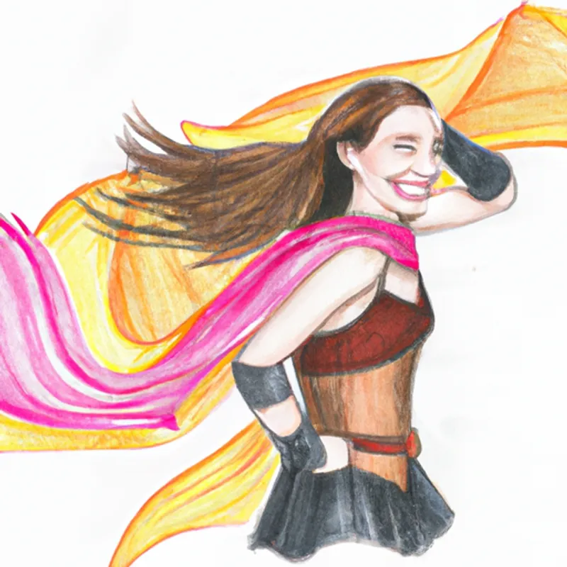 A spirited girl in a Wonder Woman cape, with a bright smile standing tall, with a cape fluttering in the wind