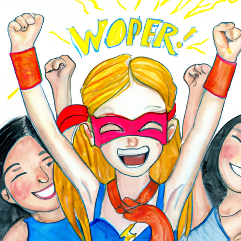A spirited girl in a Wonder Woman cape, with a bright smile surrounded by smiling friends, her fist in the air, encouraging confidence