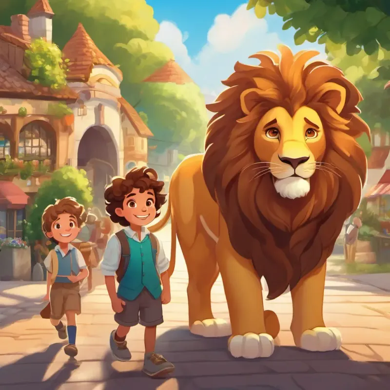 Introduction to Cheerful boy with rosy cheeks, curly brown hair, and bright, sparkling eyes and Large, friendly lion with a golden mane, gentle eyes, and a fluffy, warm and friendly demeanor, in the cheerful town of Smilesville, setting the scene for their adventures, under the sunny sky