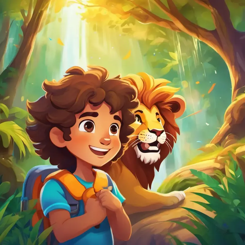 Cheerful boy with rosy cheeks, curly brown hair, and bright, sparkling eyes and Large, friendly lion with a golden mane, gentle eyes, and a fluffy, warm and friendly demeanor set off on their adventure to find the magical Rainbow Waterfall, filled with excitement and joy, in the beautiful forest