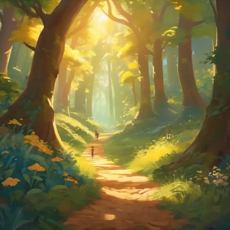 Exploring the enchanting forest, filled with friendly creatures and magical moments, under the warm, golden sunlight