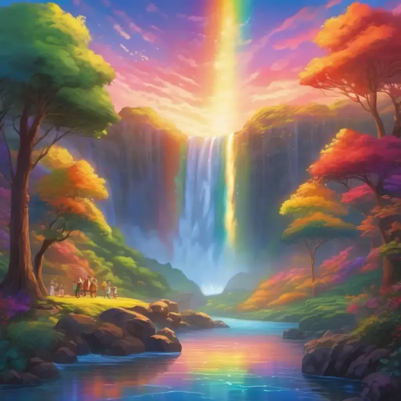 The grand discovery of the dazzling Rainbow Waterfall, a magical feast and celebration as the colors danced around them, under the twilight sky