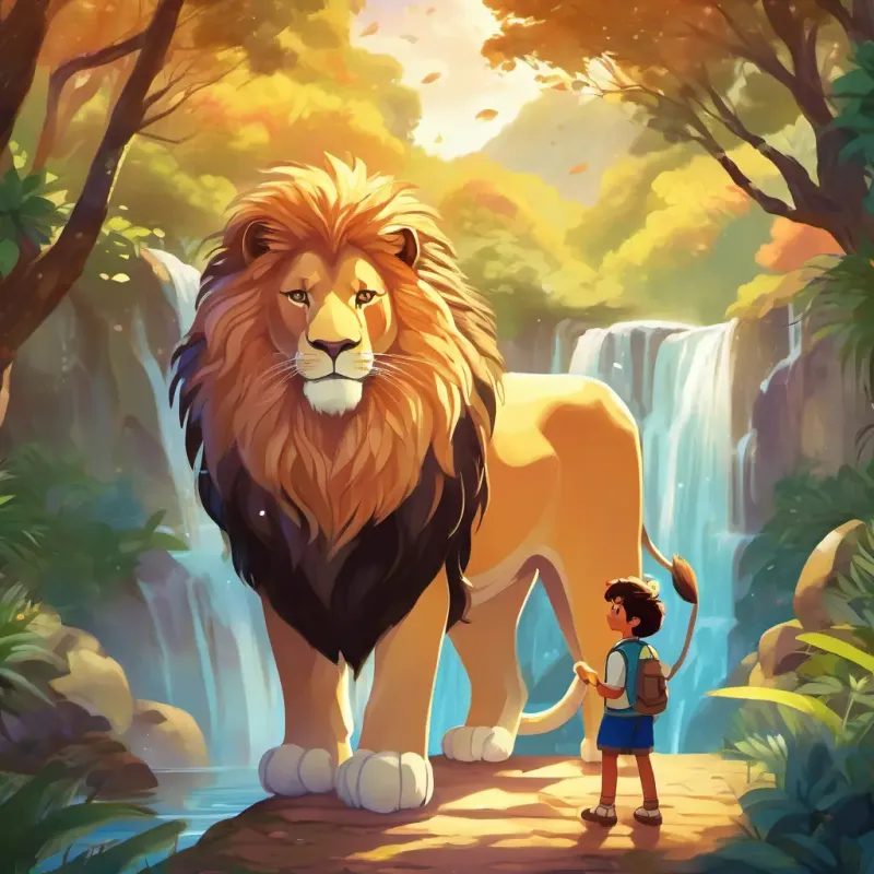 Cheerful boy with rosy cheeks, curly brown hair, and bright, sparkling eyes and Large, friendly lion with a golden mane, gentle eyes, and a fluffy, warm and friendly demeanor making wishes at the Rainbow Waterfall, the magical shimmering waters granting their heartfelt wishes, spreading joy and laughter in the forest