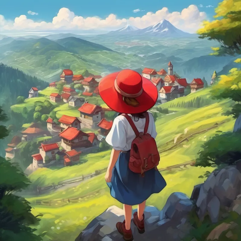 A village on top of a mountain, houses above the clouds, Curious girl with a red hat, eyes sparkling with excitement curious