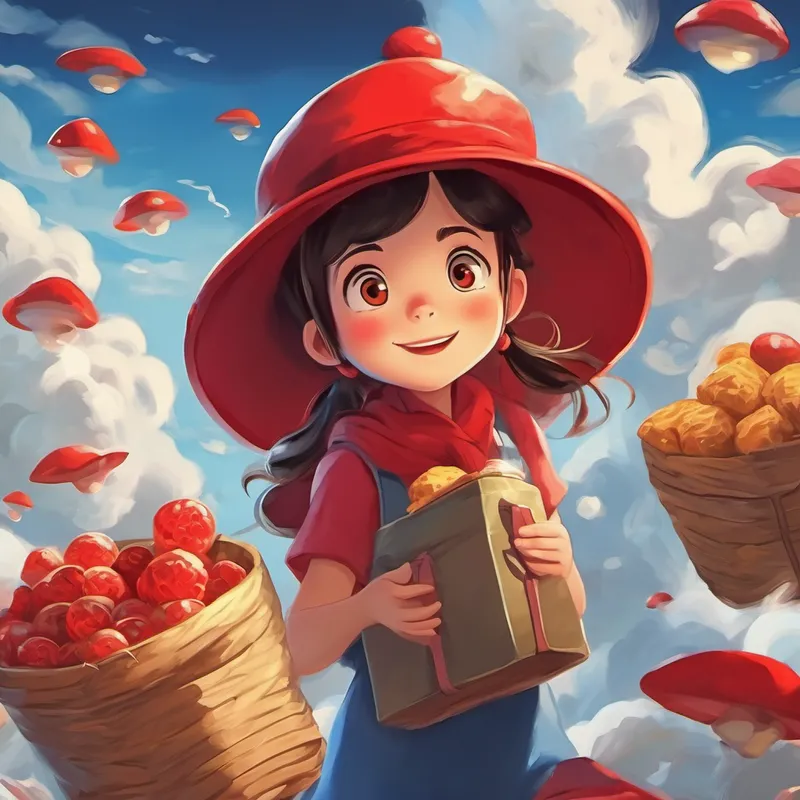 Curious girl with a red hat, eyes sparkling with excitement packing snacks, wearing a red hat, descending through clouds