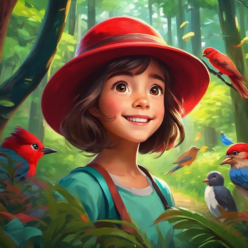 Curious girl with a red hat, eyes sparkling with excitement in a lush forest, tall trees, colorful birds, furry animals