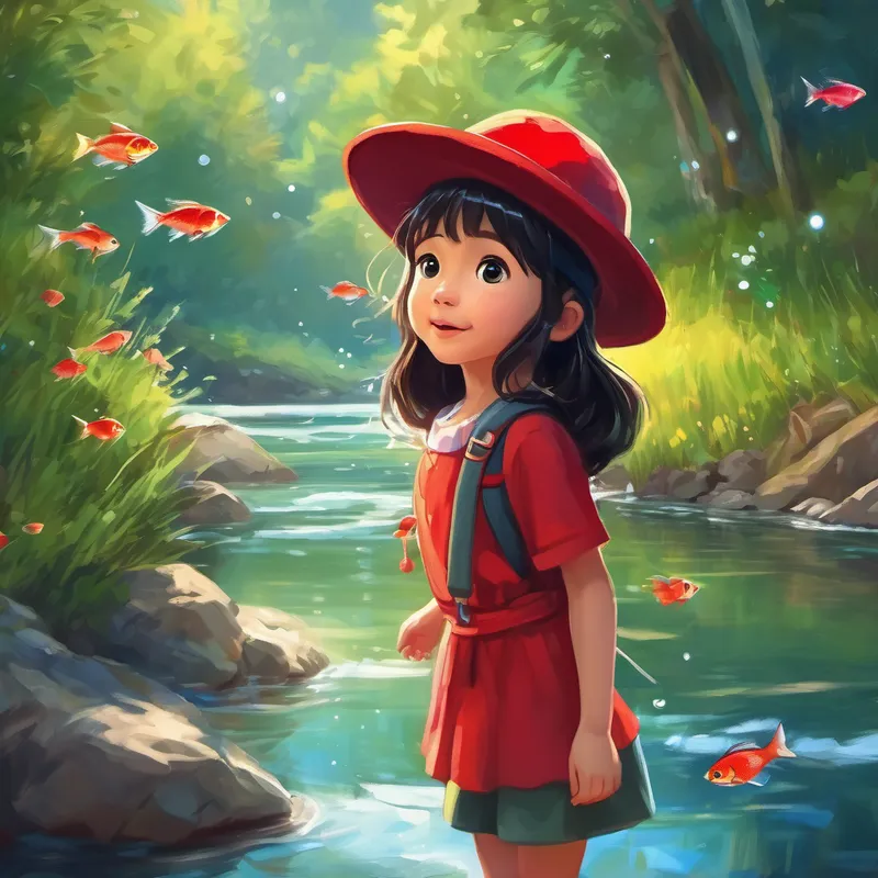 Curious girl with a red hat, eyes sparkling with excitement finding a clear river, sparkling water, small fish
