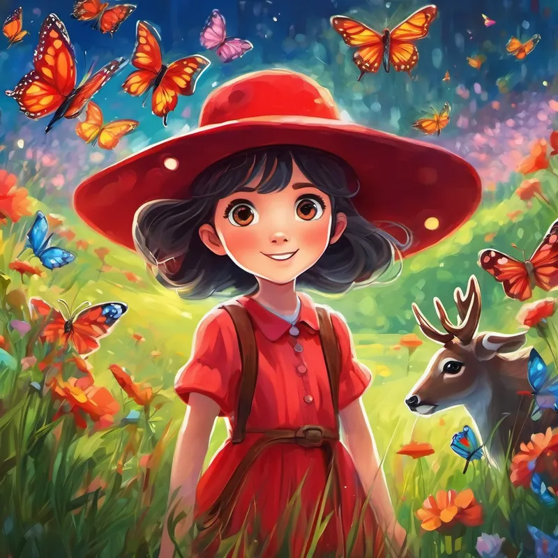 Curious girl with a red hat, eyes sparkling with excitement seeing deer in a meadow, colorful butterflies