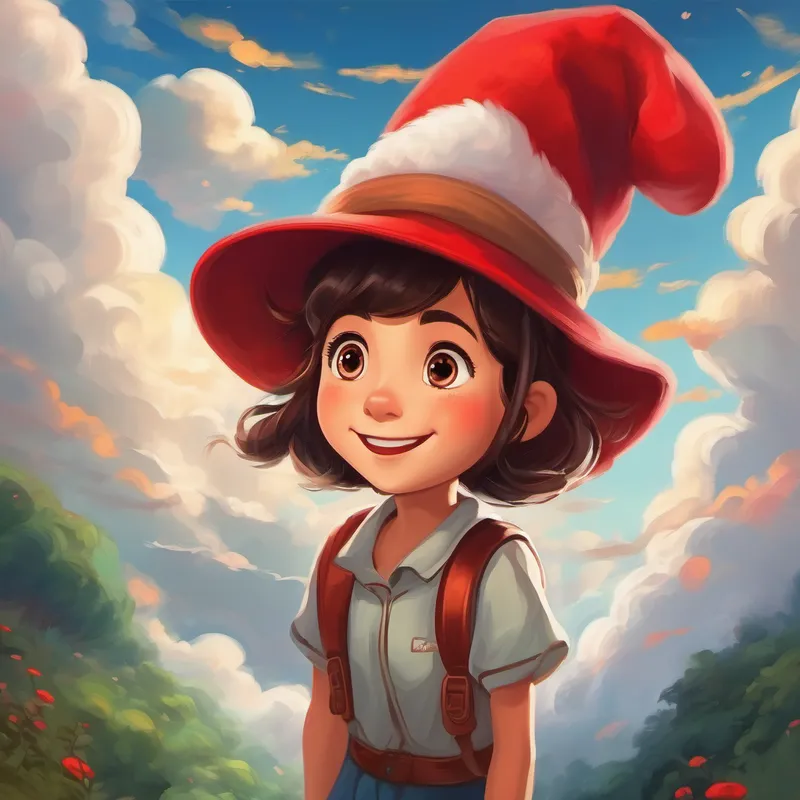 Curious girl with a red hat, eyes sparkling with excitement climbing back up through clouds, feeling grateful and excited