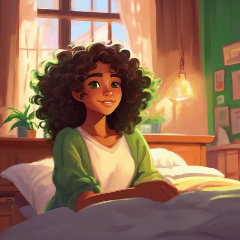 Curly hair, brown skin, green eyes wakes up in her bedroom, feeling excited.