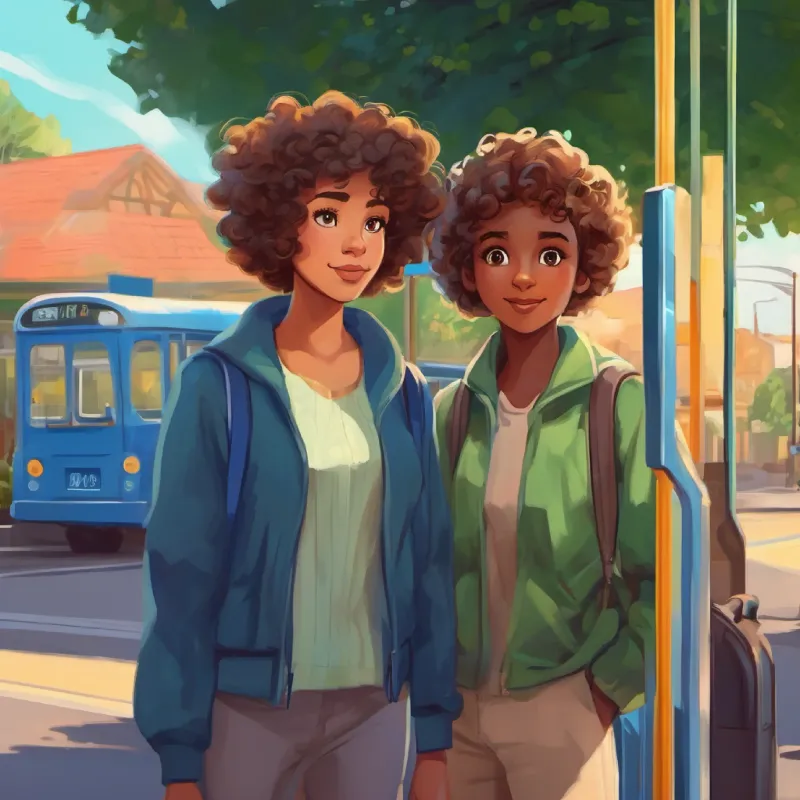 Curly hair, brown skin, green eyes meets Short hair, light skin, blue eyes at the bus stop.