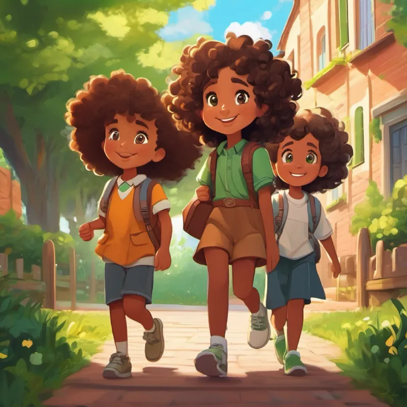 Curly hair, brown skin, green eyes and friends leave the kindergarten, looking forward to the next day.