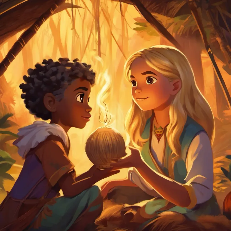 Blonde hair, fair skin, brown eyes explains about voodoo practices to the children.