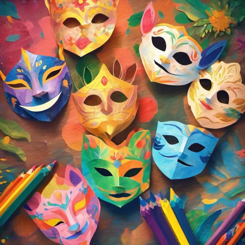 The children make paper masks with crayons and glitter.