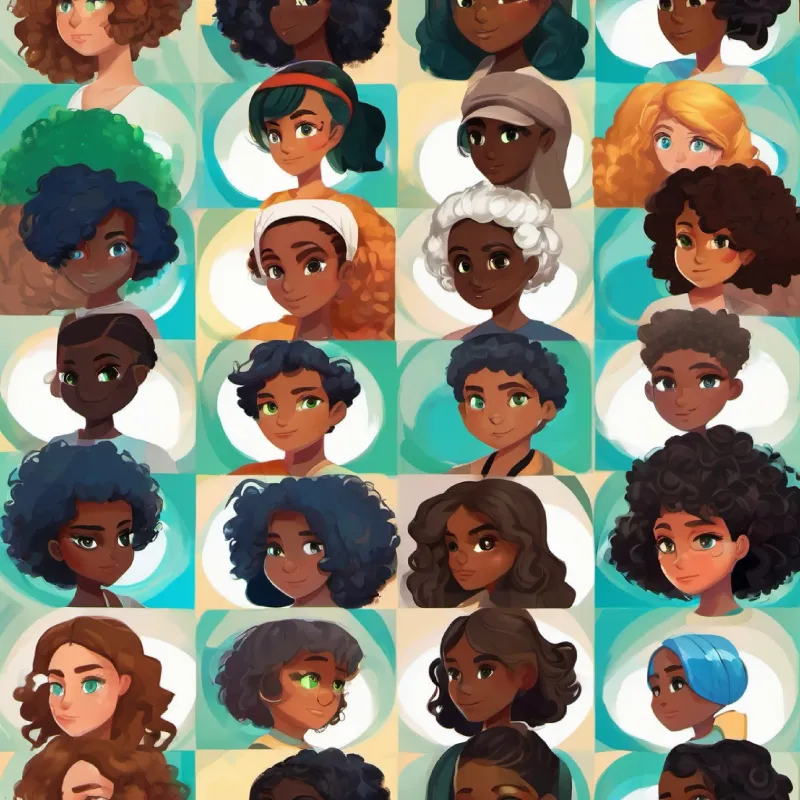Straight hair, dark skin, hazel eyes joins Curly hair, brown skin, green eyes and Short hair, light skin, blue eyes in making masks.