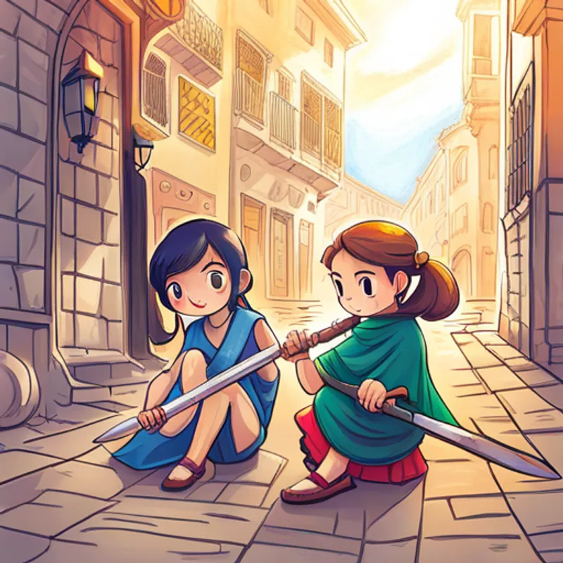 Ana y María explorando tierras mágicas con espadas