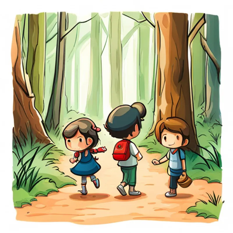 Ana, María, Juan y Laura explorando juntos en el bosque