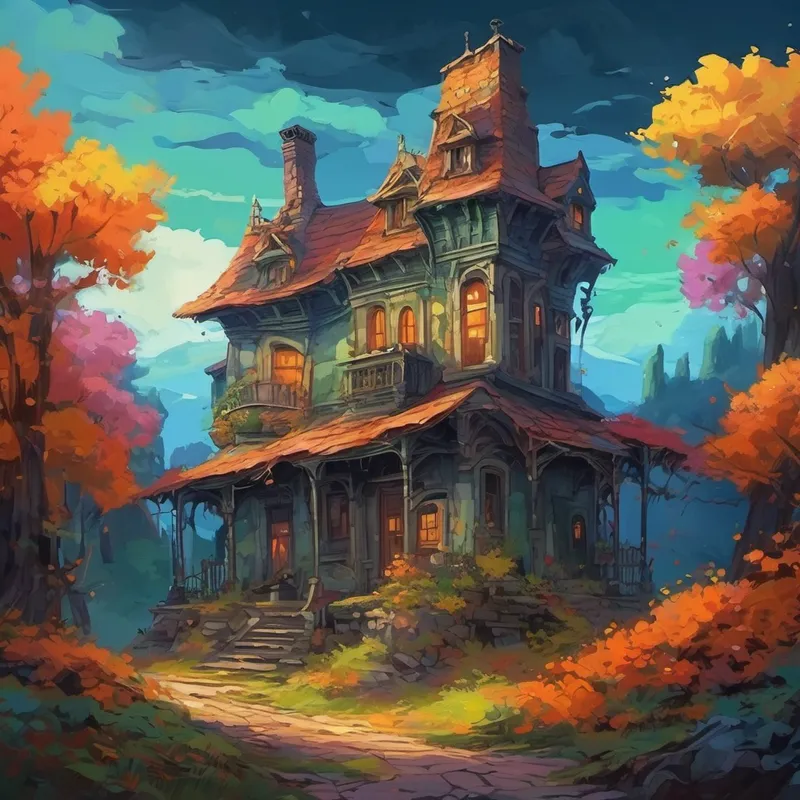 Une vieille maison en ruines avec des Fantômes joyeux avec des robes vaporeuses de différentes couleurs.