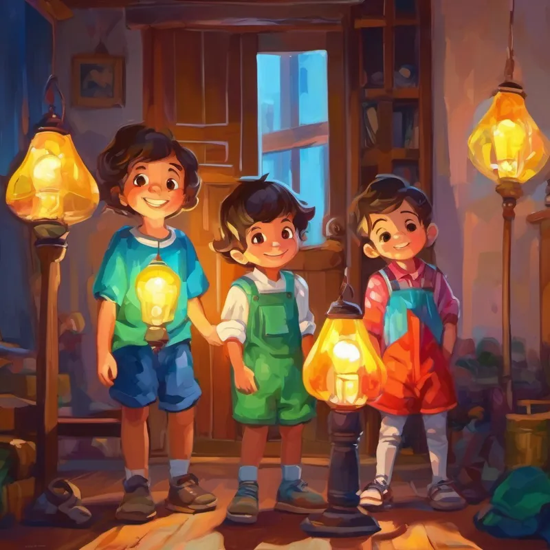 Les Des enfants curieux avec des vêtements colorés et souriants. avec des lampes de poche dans la maison