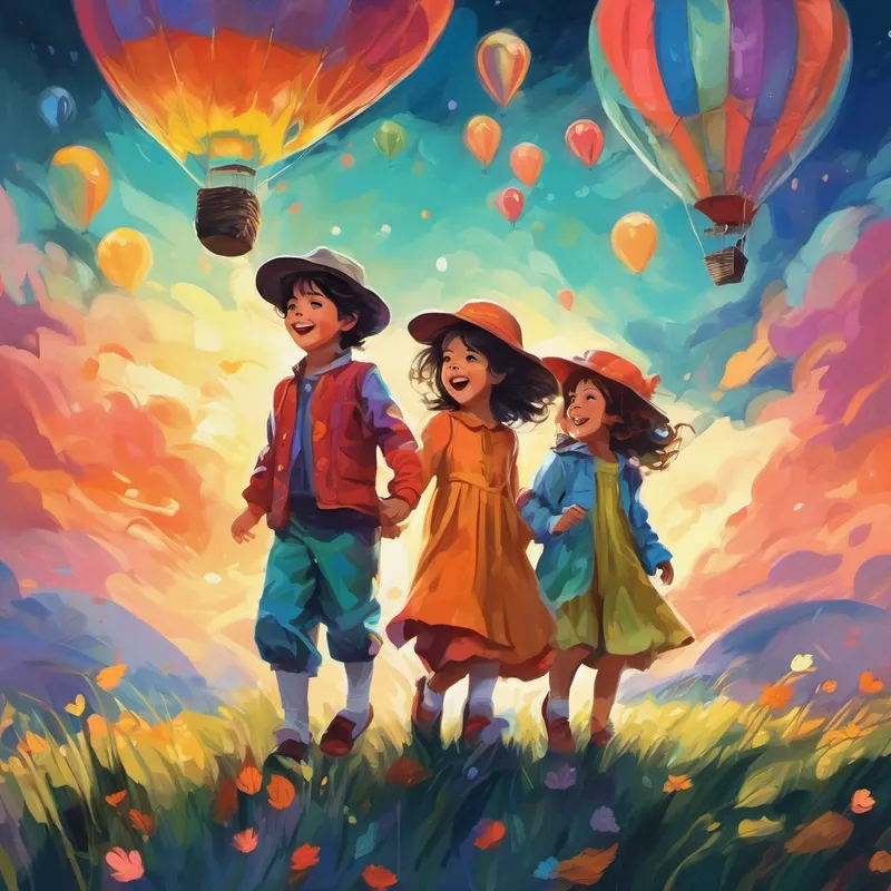 Des Des enfants curieux avec des vêtements colorés et souriants. l'air surpris en écoutant les Fantômes joyeux avec des robes vaporeuses de différentes couleurs.