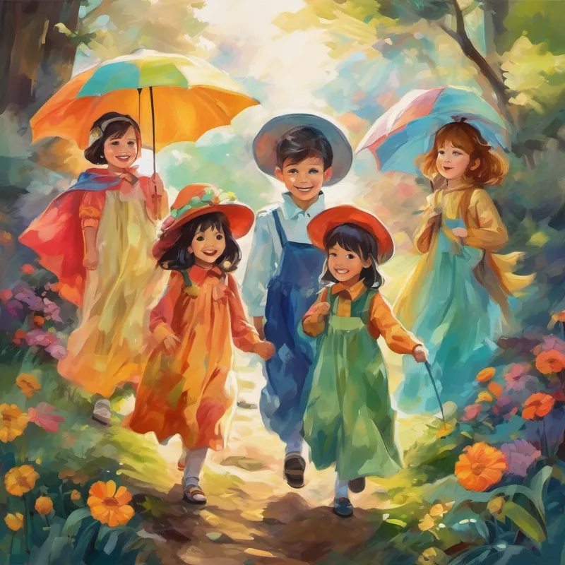 Les Des enfants curieux avec des vêtements colorés et souriants. et les Fantômes joyeux avec des robes vaporeuses de différentes couleurs. se tenant la main